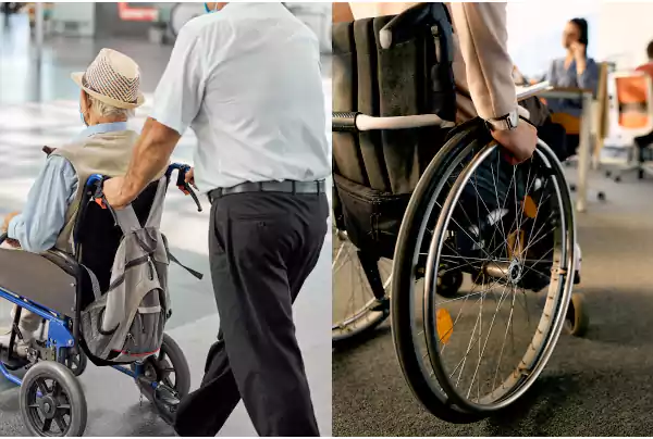 A person propelling another person sitting on a transport wheelchair