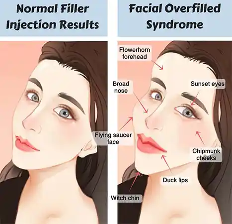 Depiction of overfilled syndrome when the cheek fillers are over-filled