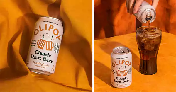 Visual depiction of Olipop Classic Root Beer Soda